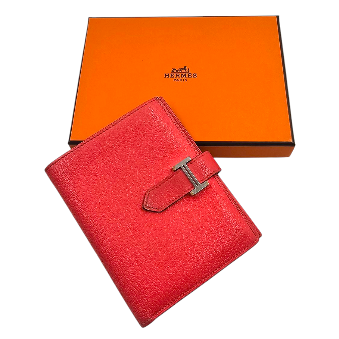 HERMES PORTEFEUILLE BEARN COMPACT EN CUIR ROSE TEXAS PHW + BOITE + BOLDUC + FACT