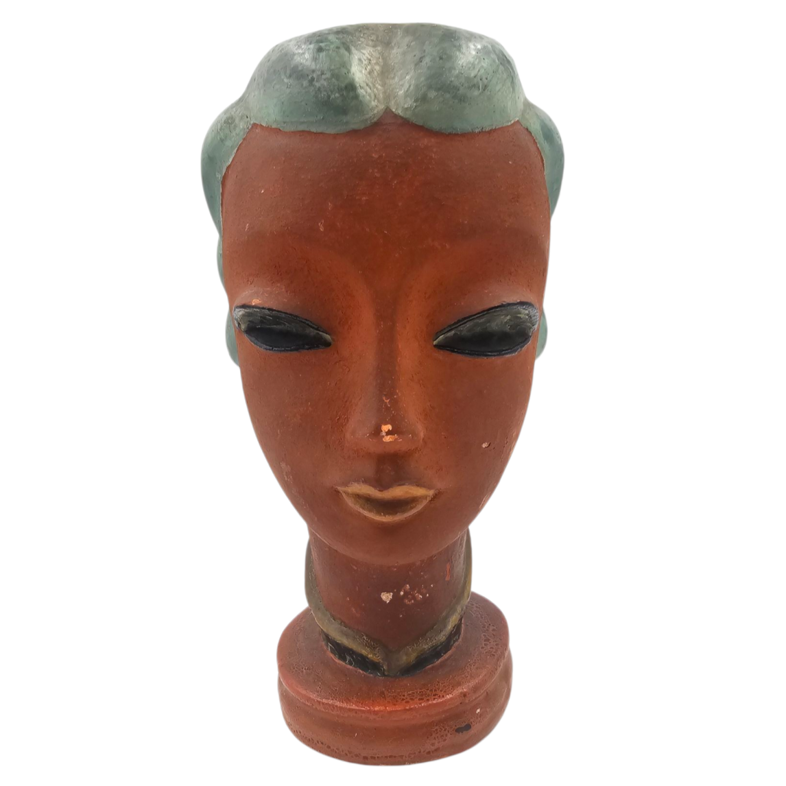 TETE DE FEMME EN PLATRE PEINT DLG GOLDSHEIDER H 26 CM
