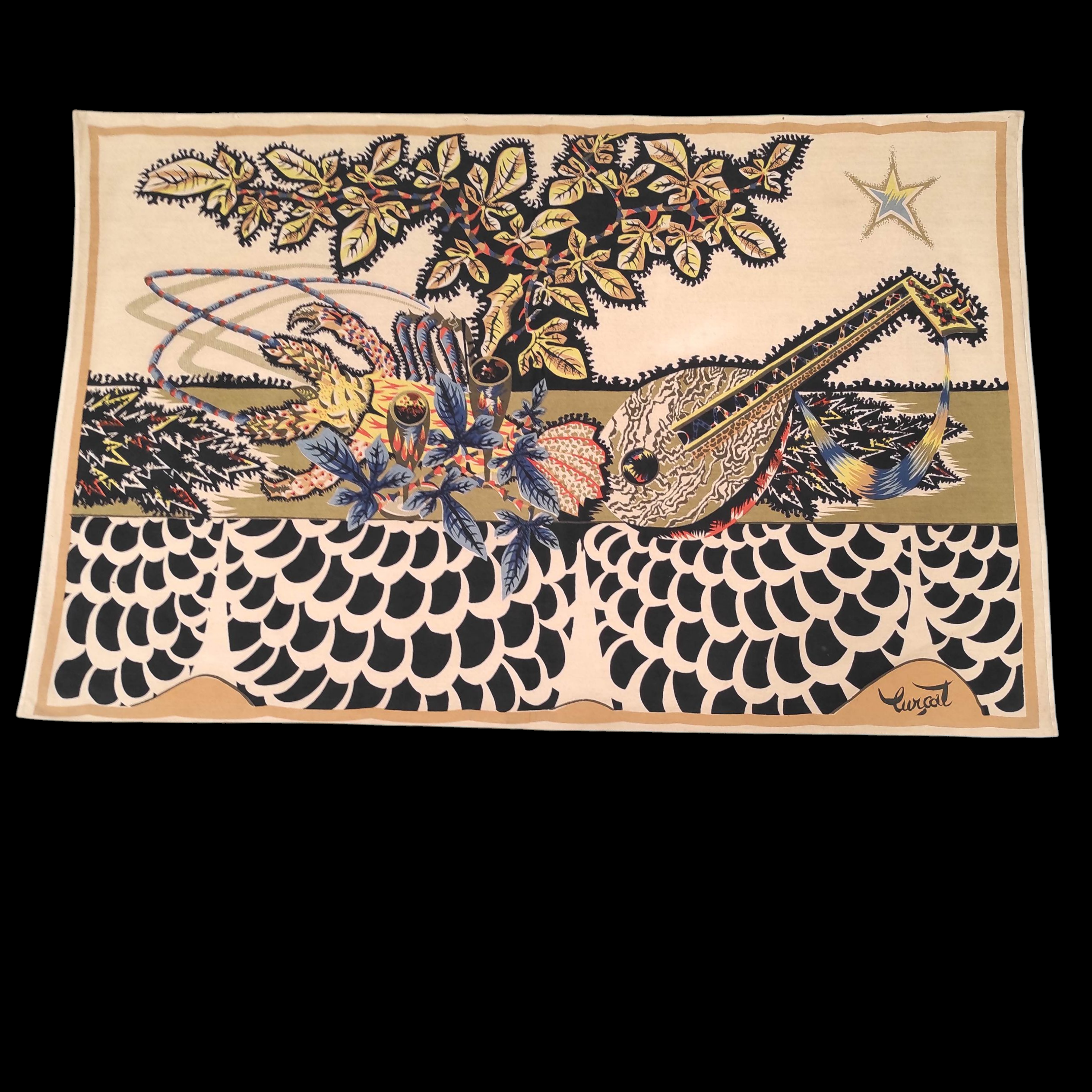 JEAN LURCAT TAPISSERIE IMPRIMEE A DECOR DE MANDOLINE 195 x 125 CM