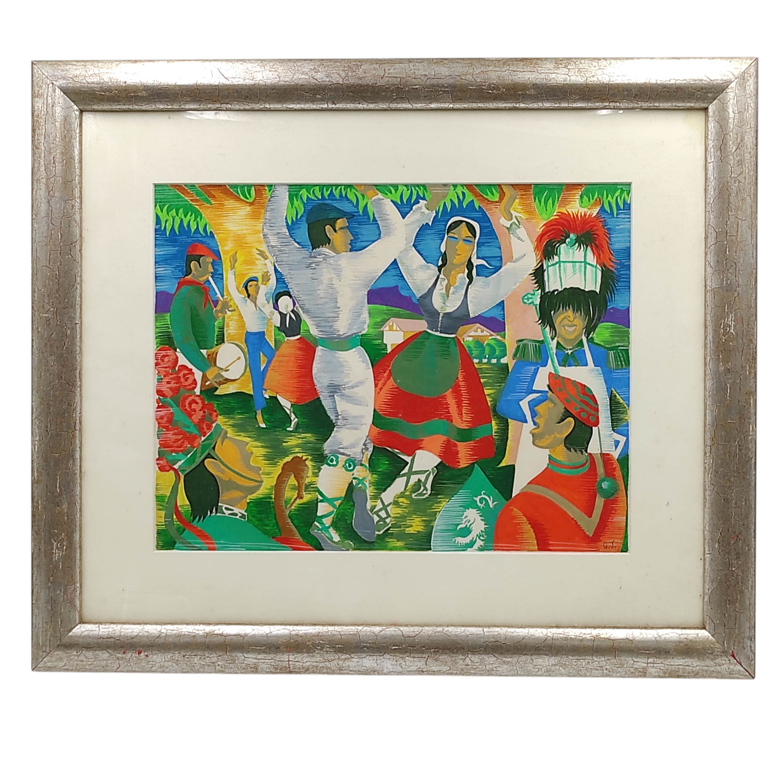GOUACHE SCENE DE DANSE BASQUE MONOG GJ 32 x 25 CM HC