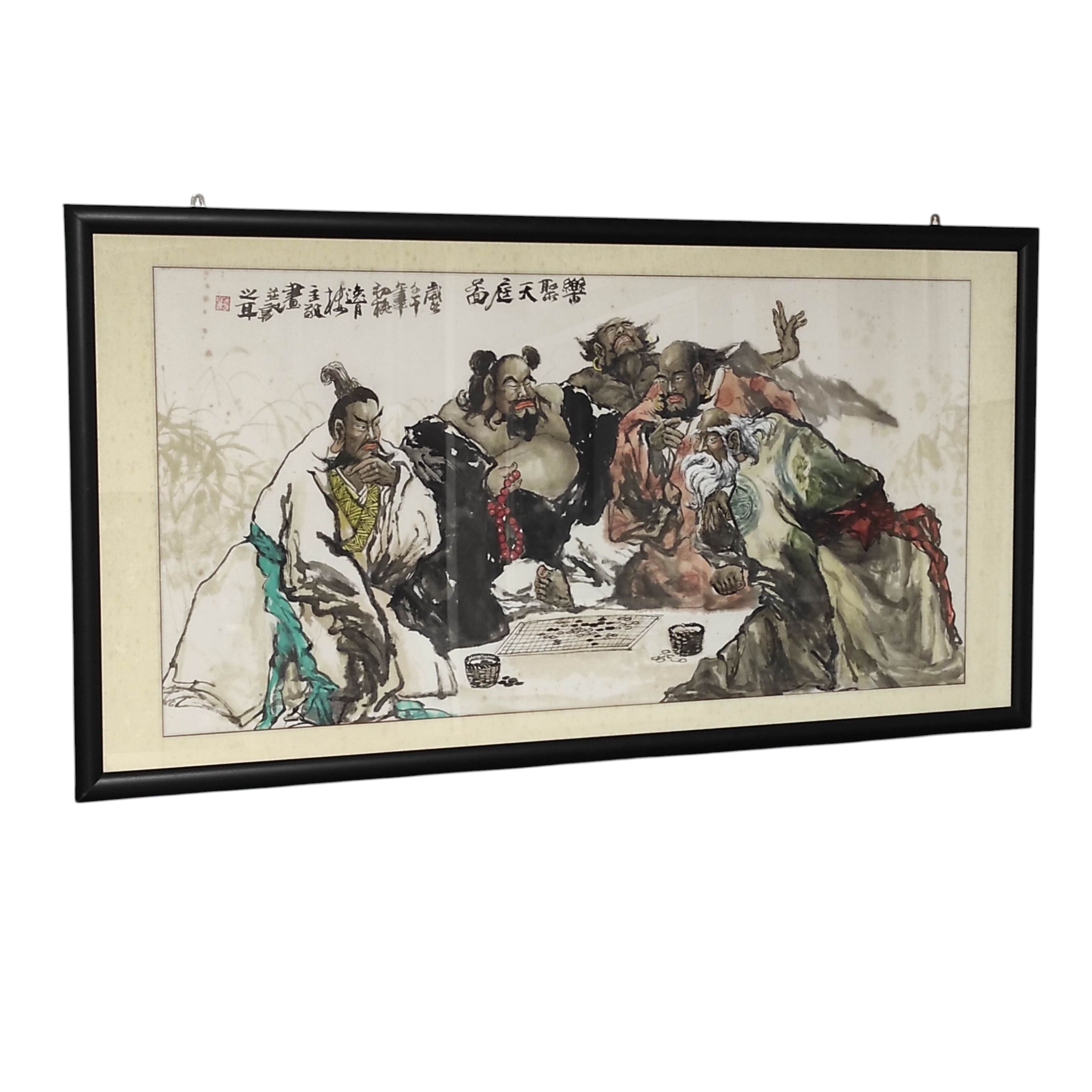 TRES GRANDE AQUARELLE CHINOISE LES 5 CINQ SAGES 160 x 83 CM