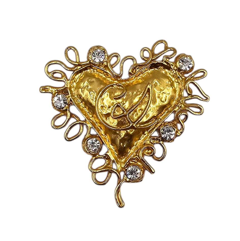 CHRISTIAN LACROIX BROCHE / PENDENTIF COEUR EN METAL DORE ET STRASS 8 CM