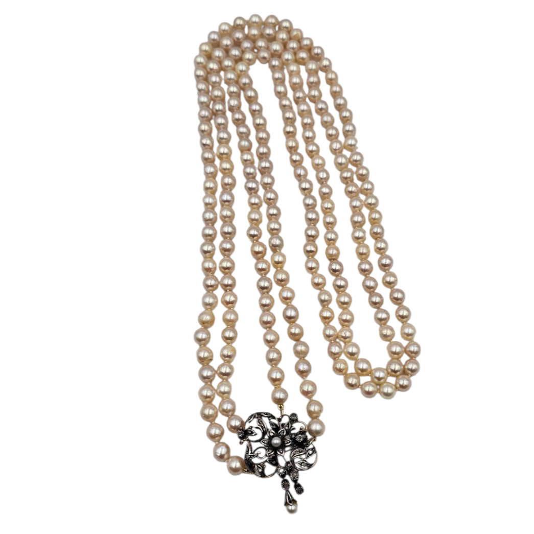 COLLIER 208 PERLES DE CULTURE FERMOIR OR (750) ARGENT (925) DIAMANTS ROSES