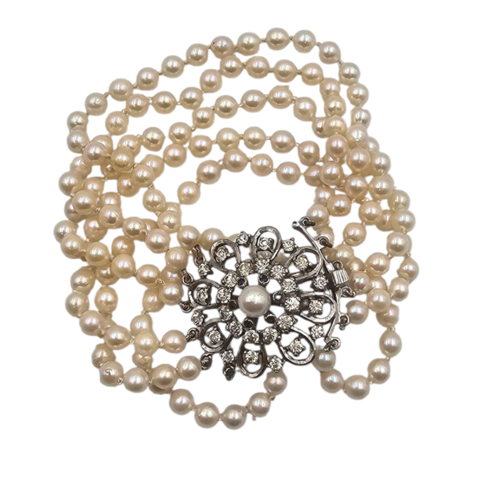 BRACELET 6 RANGS 152 PERLES DE CULTURE FERMOIR ARGENT (935) OXYDES ET SAPHIRS