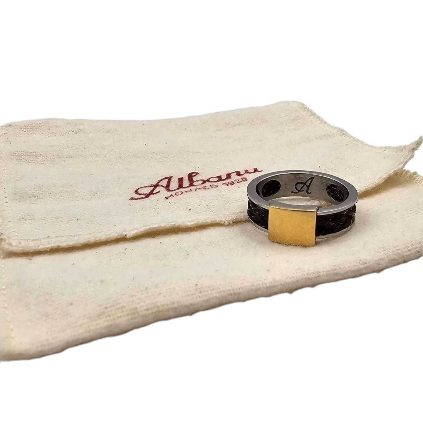 ALBANU BAGUE EQUUS EN ACIER, OR ET CRIN DE CHEVAL TAILLE 62 + POCHON