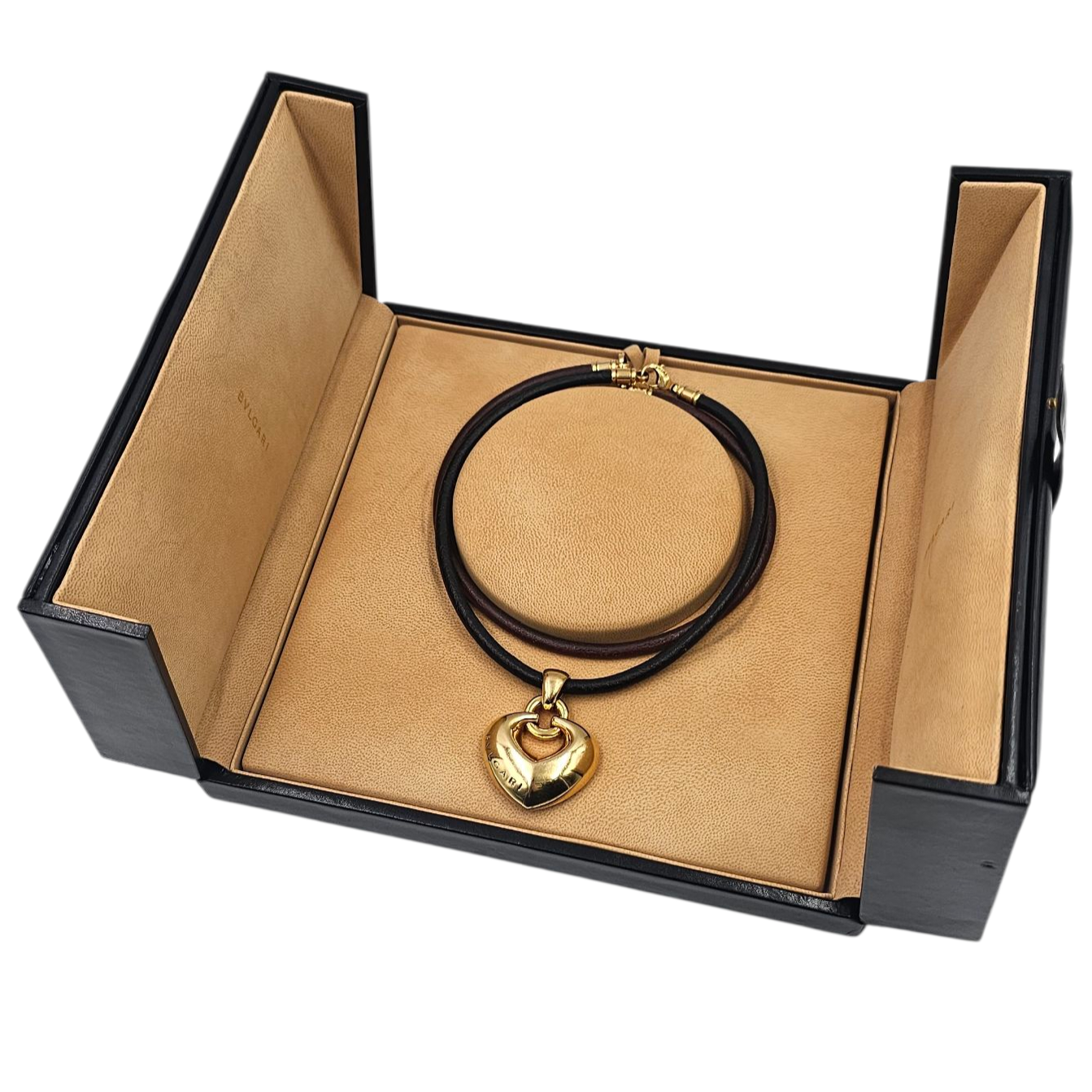 BULGARI DOPPIO CUORE PENDENTIF OR (750) 21.30GR 2 CORDONS CUIR ET OR (750) ECRIN