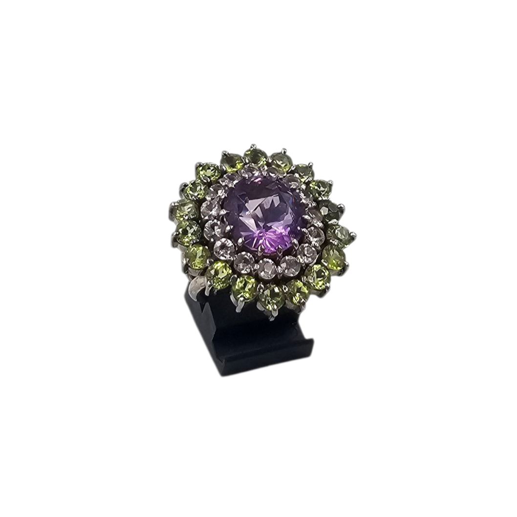 BAGUE COCKTAIL EN ARGENT (925) AVEC AMETHYSTE ? PERIDOT ? ET ZIRCONS PB 16.80 GR