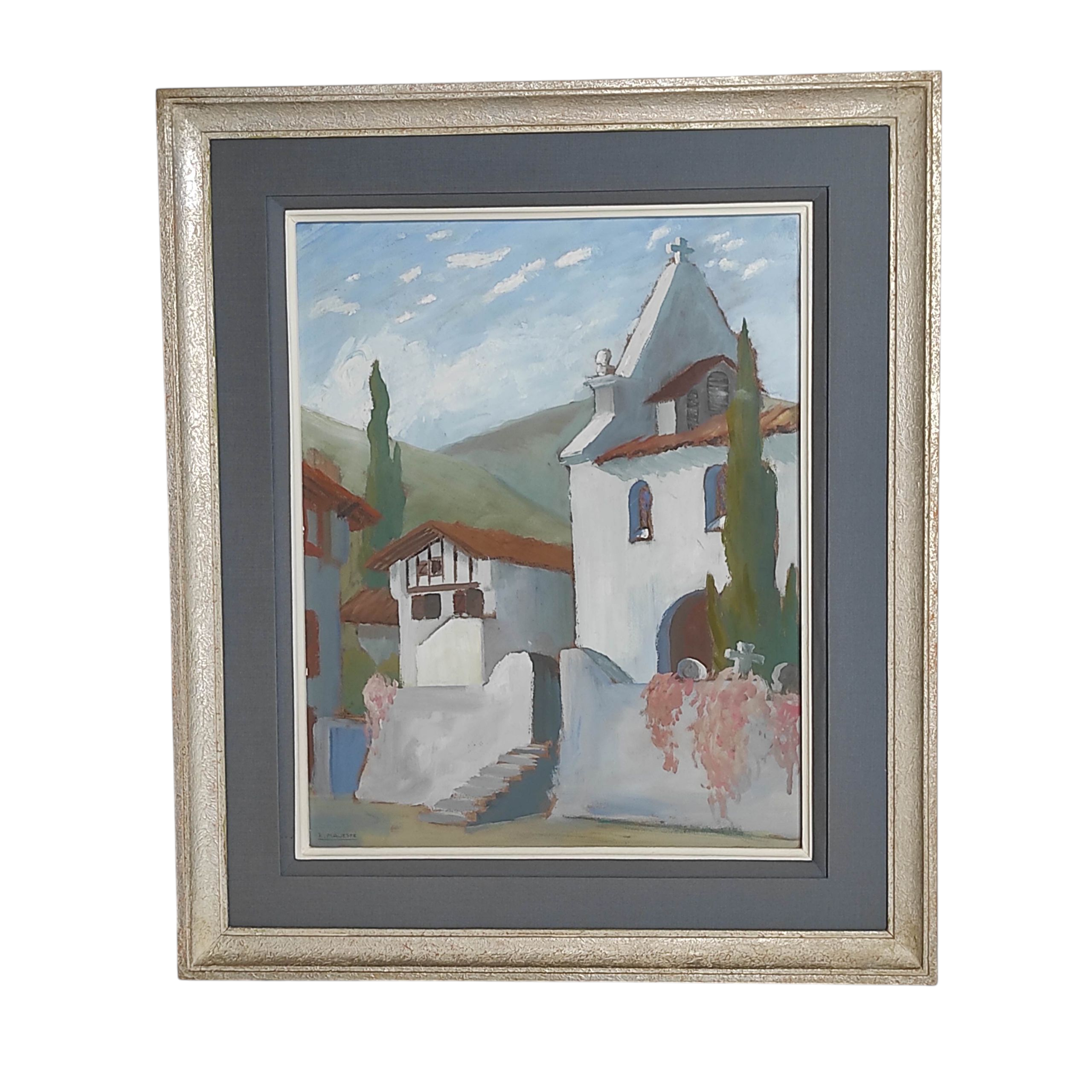 RENE MAJESTE GOUACHE VUE DE L EGLISE D AHETZE 43 x 35 CM HC