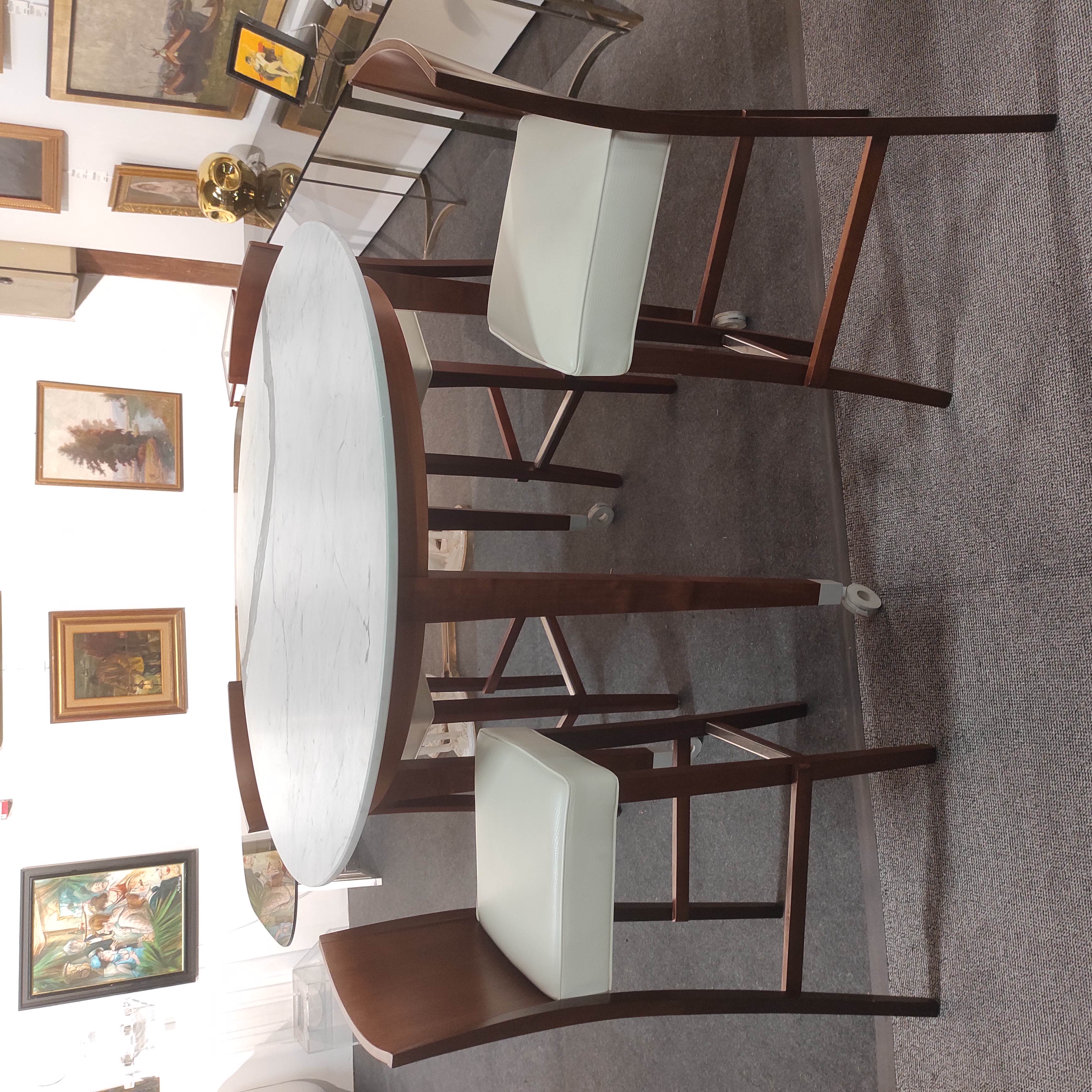 P. STARCK NEOZ TABLE EN MARBRE DE CARRARE 130/101 + 4 CHAISES EN CUIR EN L ETAT