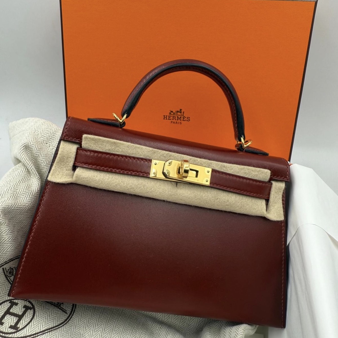 HERMES SAC MINI KELLY II CUIR BOX ROUGE H GHW (WHT...) FULL SET