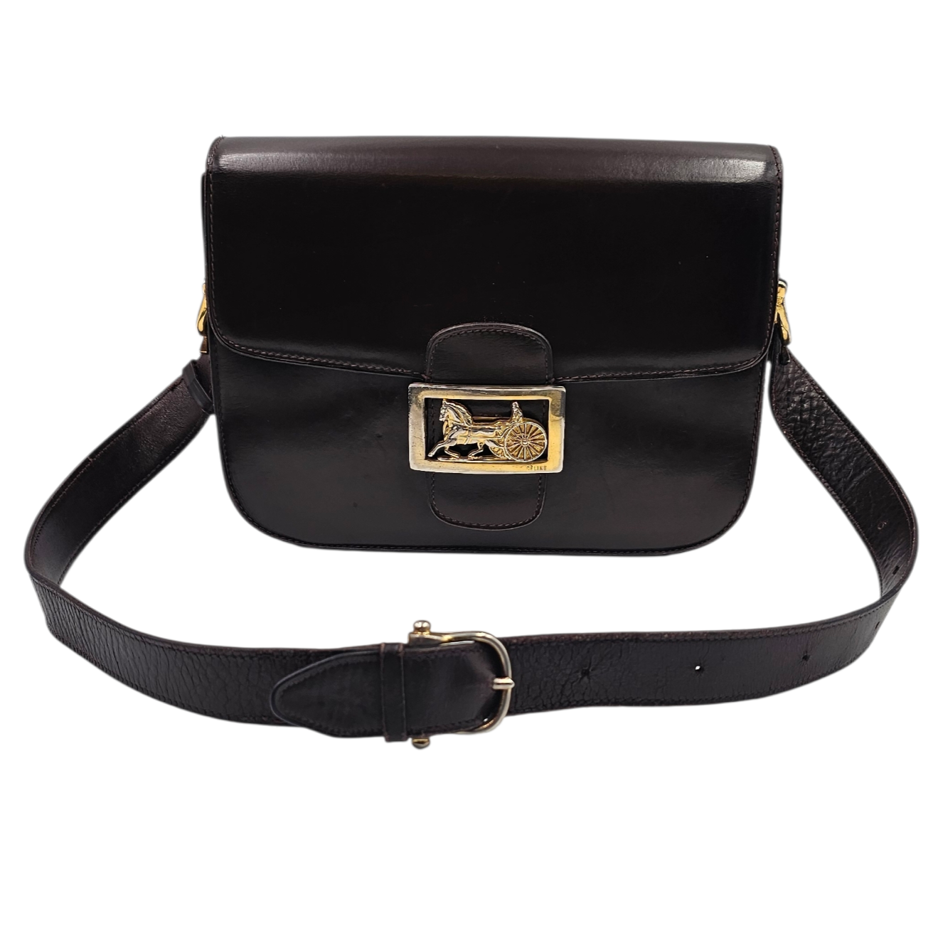 CELINE SAC CALECHE EN CUIR LISSE MARRON CHOCOLAT BIJOUTERIE DOREE + DUST BAG