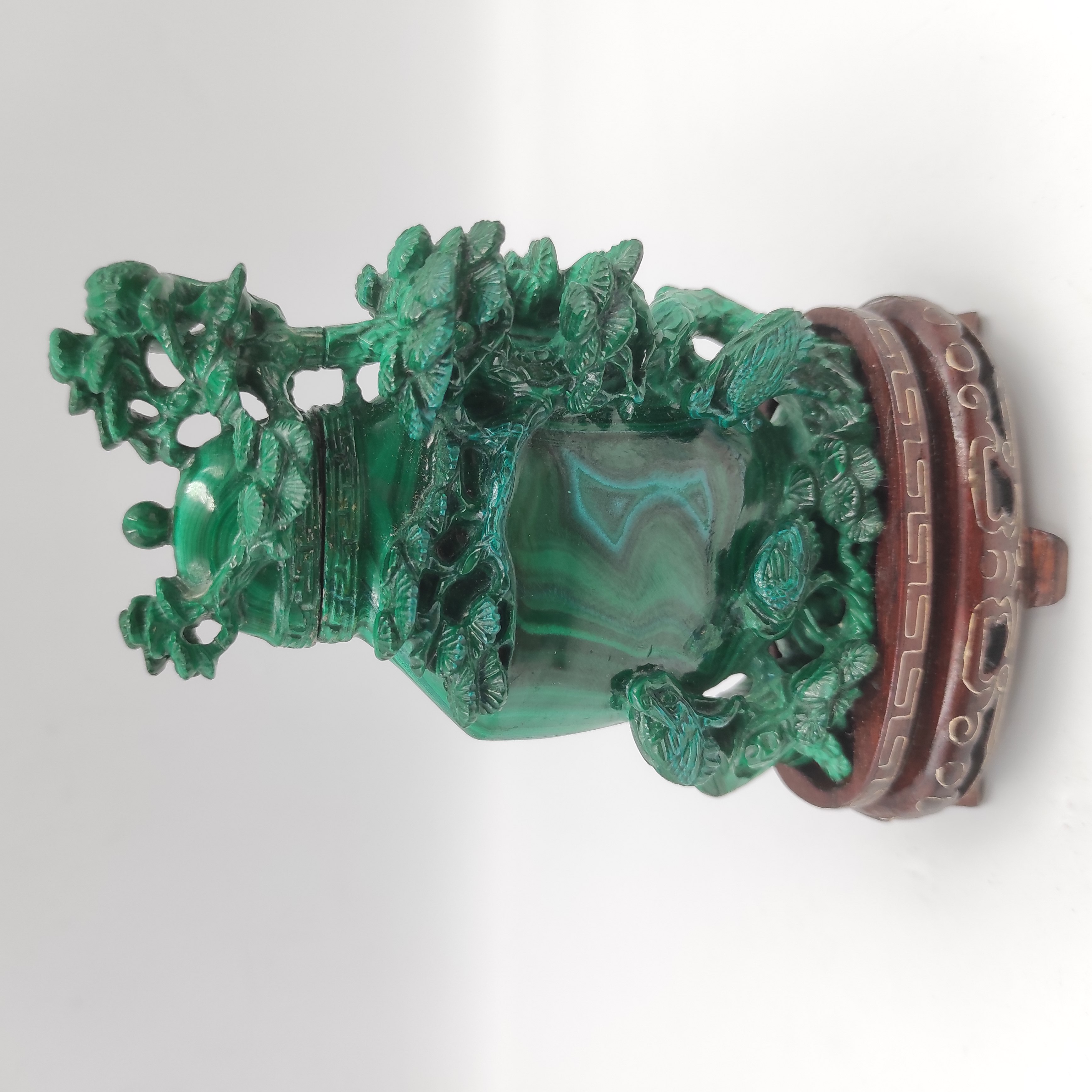 SCULPTURE CHINOISE EN MALACHITE A DECOR DE HERONS H 13 CM
