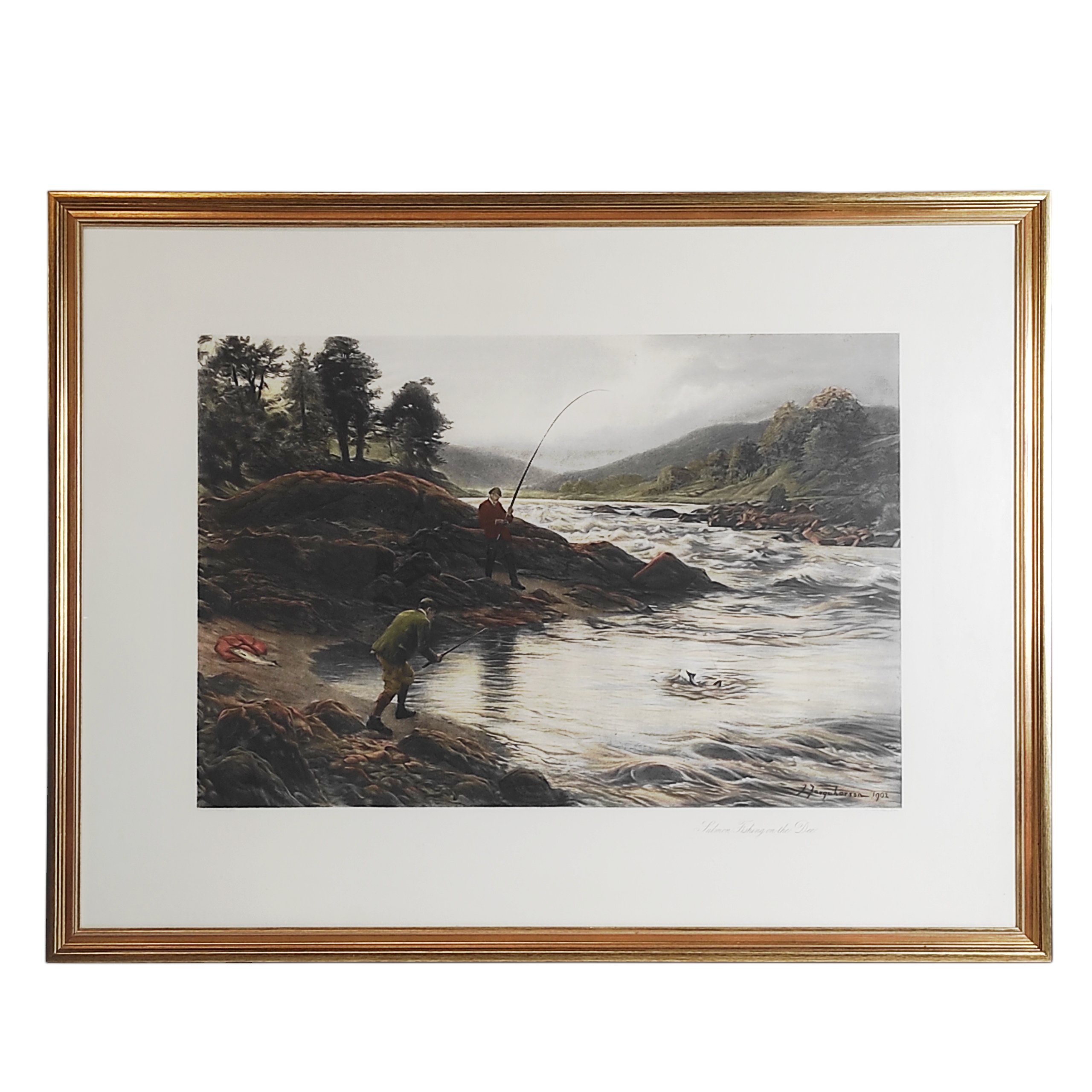 GRAVURE ANGLAISE THE SALMON FISHING ON THE DEE 116/90