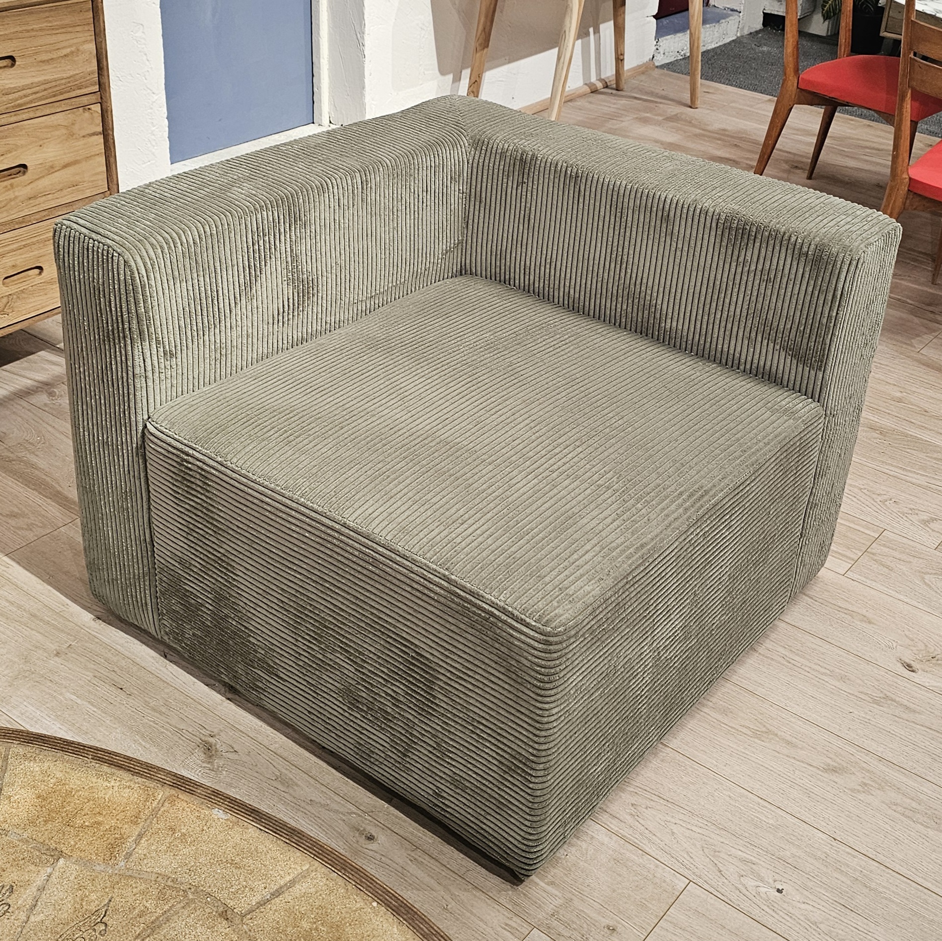 FAUTEUIL D ANGLE EN VELOURS COTELE VERT 90 X 90CM