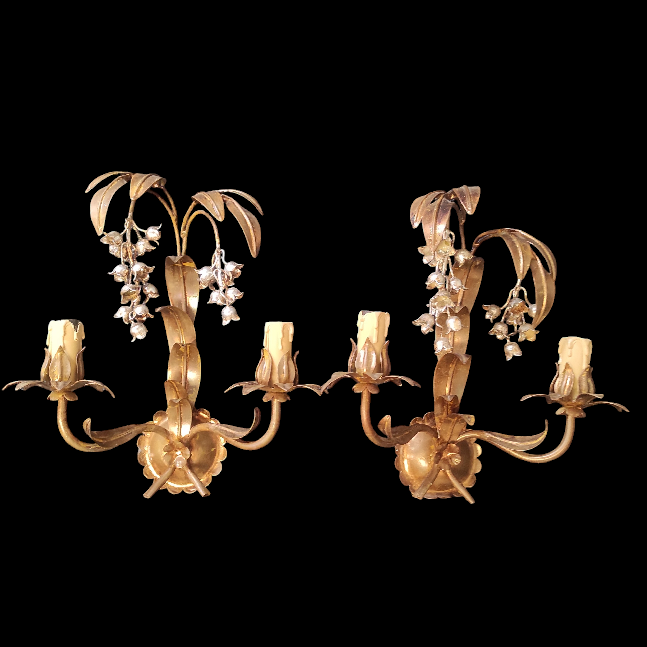 PAIRE D APPLIQUES MUGUET DOREES ET ARGENTEES H 37 CM