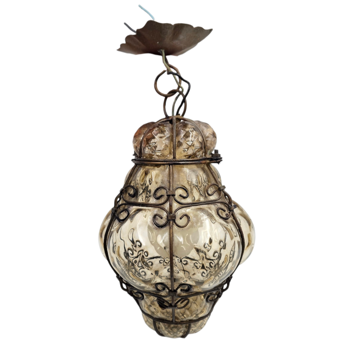 LANTERNE VENITIENNE EN VERRE AMBRE SOUFFLE DE MURANO ENCAGE FER FORGE H 26CM