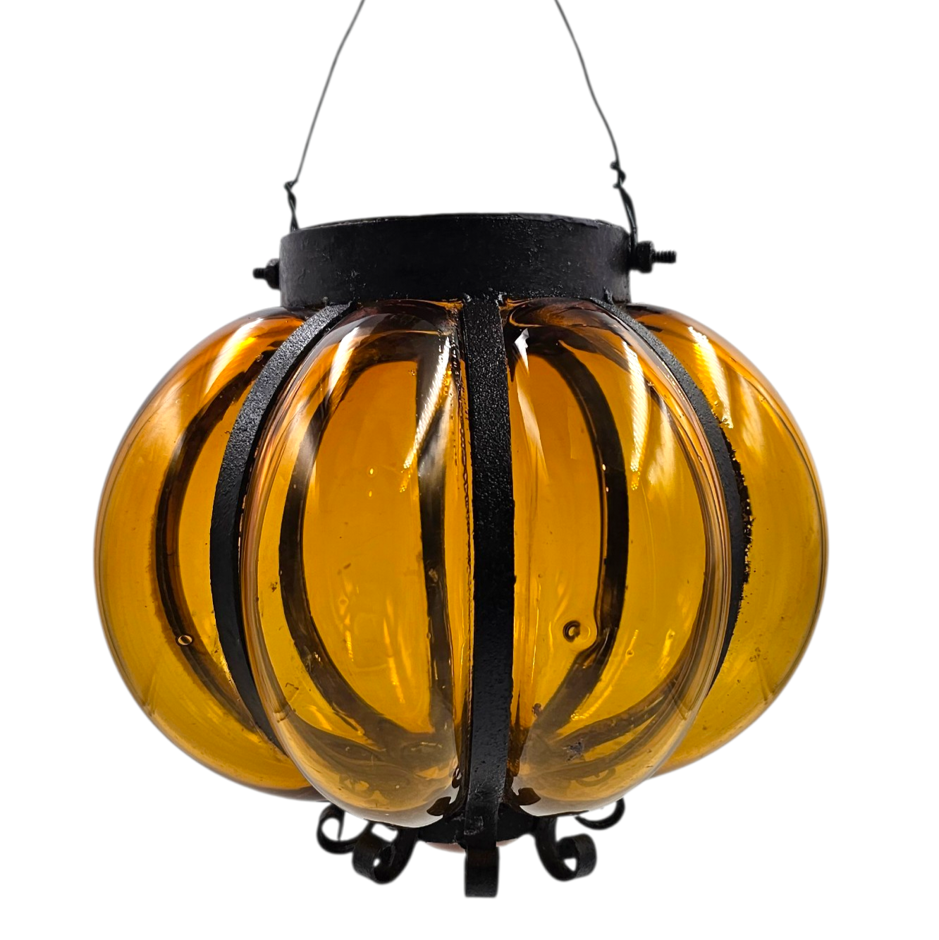 SUSPENSION VENITIENNE EN VERRE SOUFFLE ORANGE ENCAGE FER FORGE 19 CM (EN L ETAT)