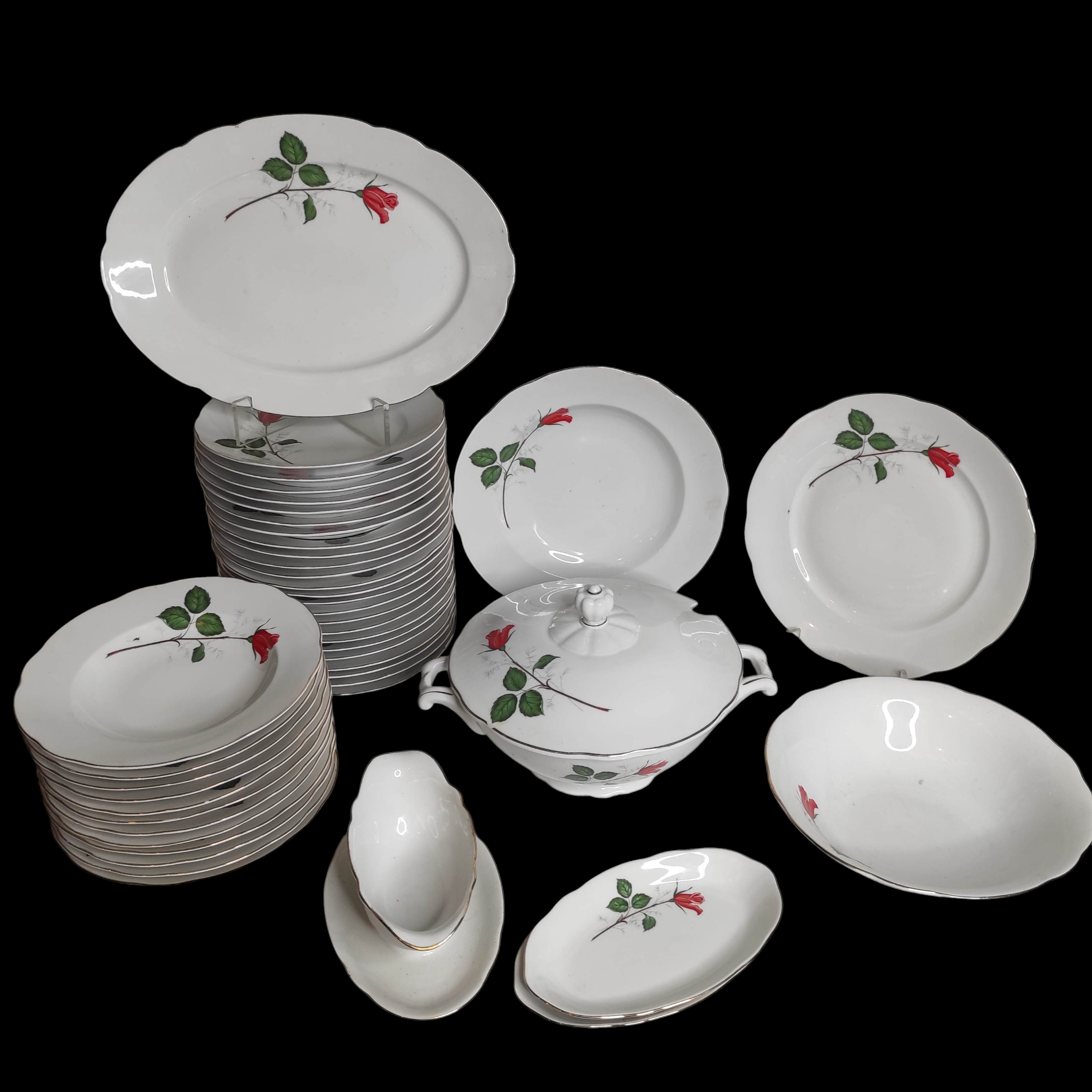 SERVICE DE TABLE 36 ASSIETTES + PLATS EN PORCELAINE A DECOR DE ROSES ROUGES