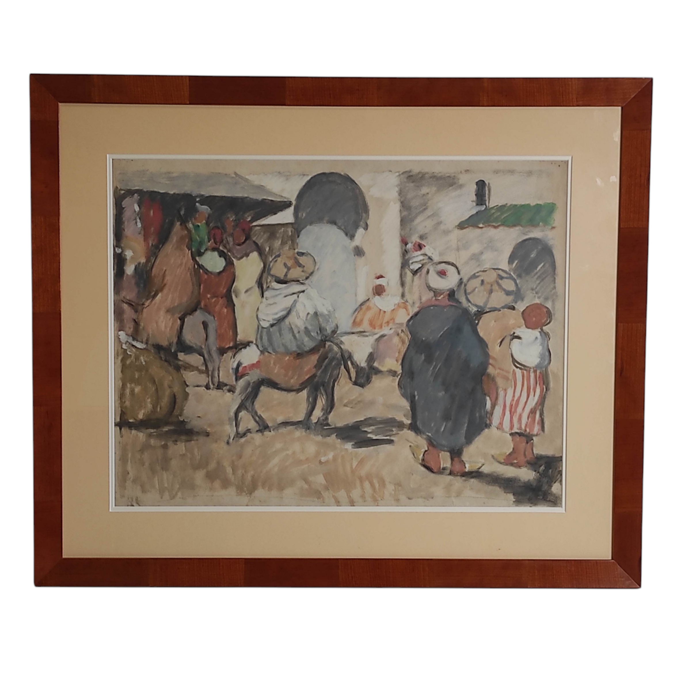 AQUARELLE DE GABRIEL LARGETEAU  SCENE DE RUE ORIENTALISTE TOILE 62 X 48 CM 
