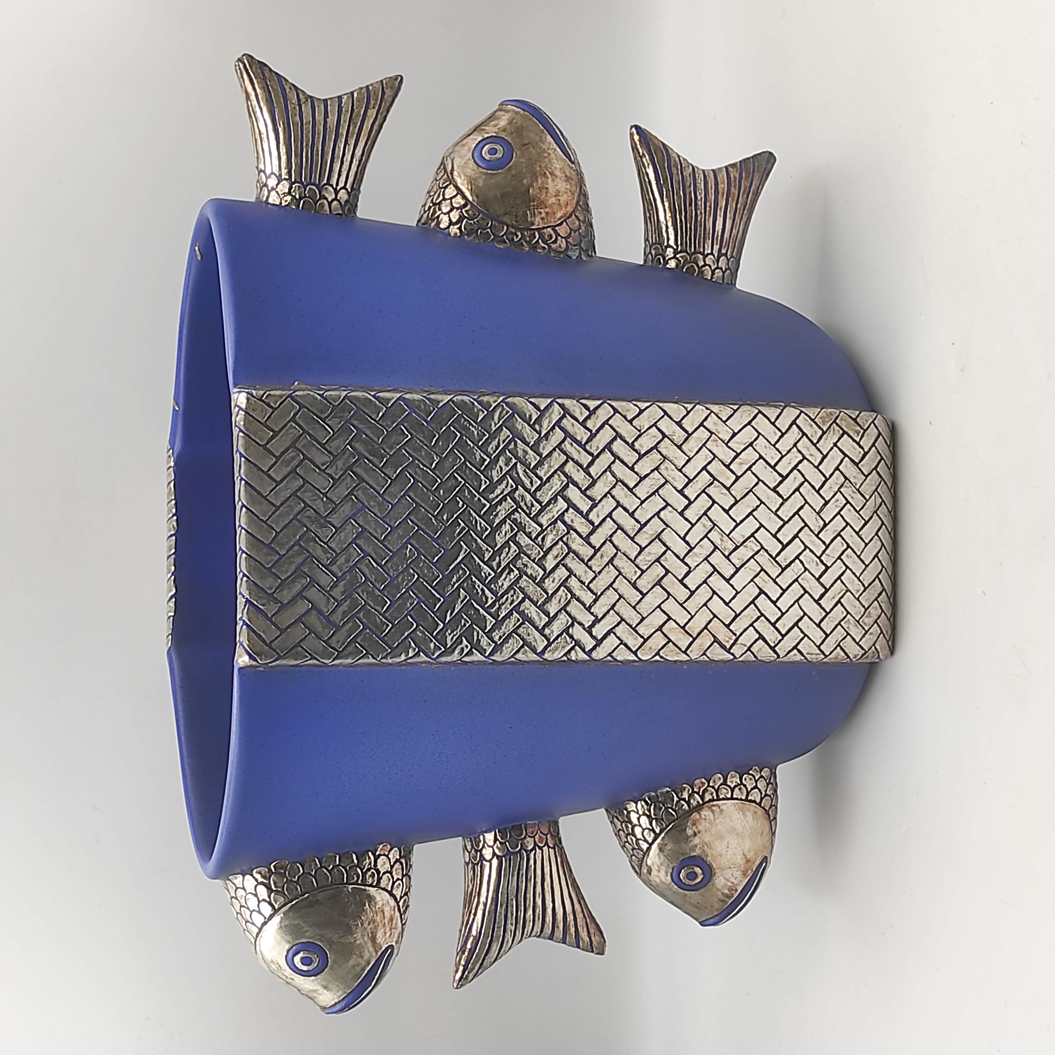 EMILIA CASTILLO VASE SCULPTURE POISSONS CERAMIQUE BLEUE ET ARGENT PURE H 27 CM