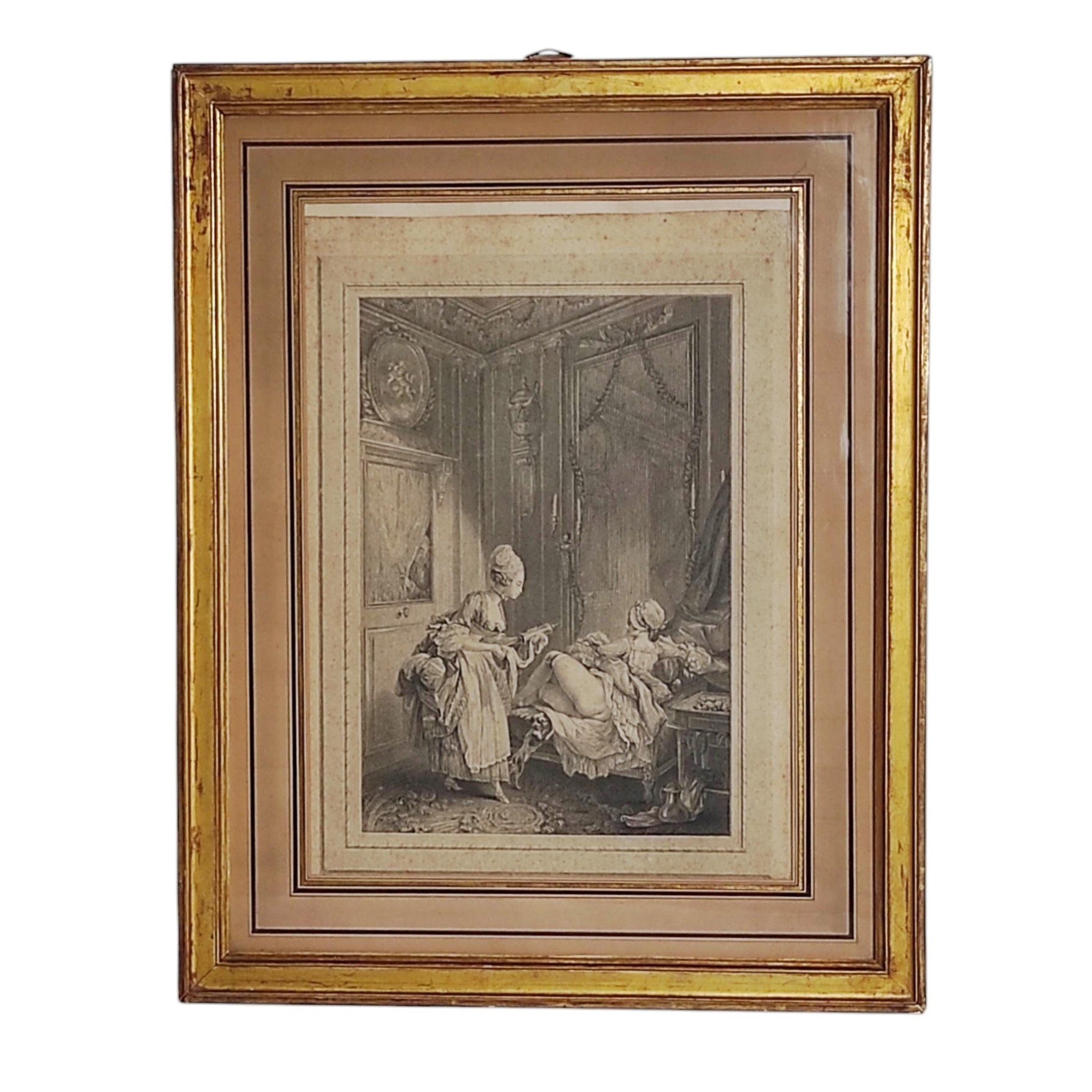GRAVURE ANCIENNE SCENE DE LAVEMENT INTIME 54 x 43 CM