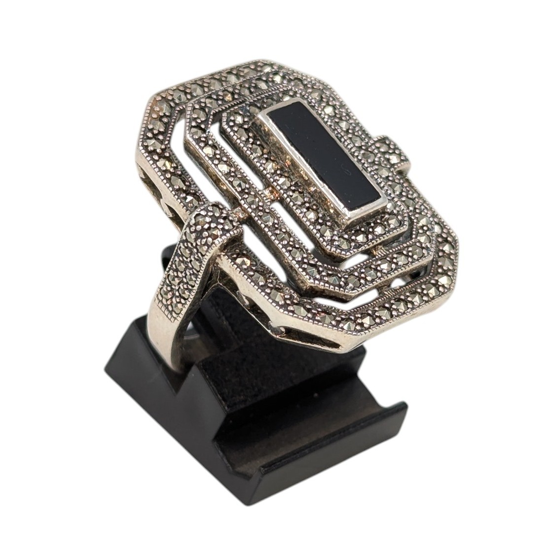 LA METRO CIE BAGUE STYLE ART DECO ARGENT (925) MARCASSITES ET ONYX PB 12.12 GR