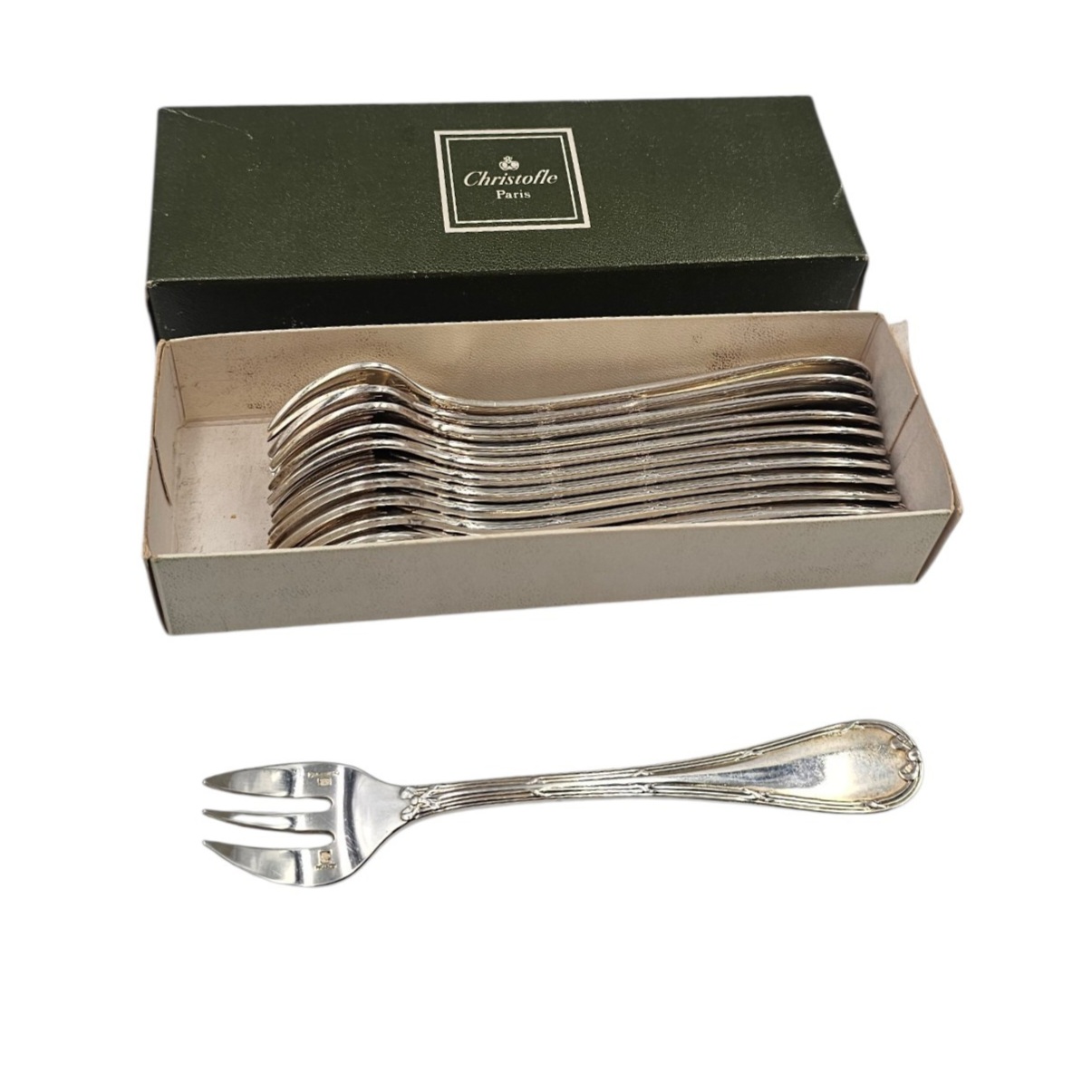 CHRISTOFLE RUBANS CROISES 12 FOURCHETTES A  HUITRES METAL ARGENTE