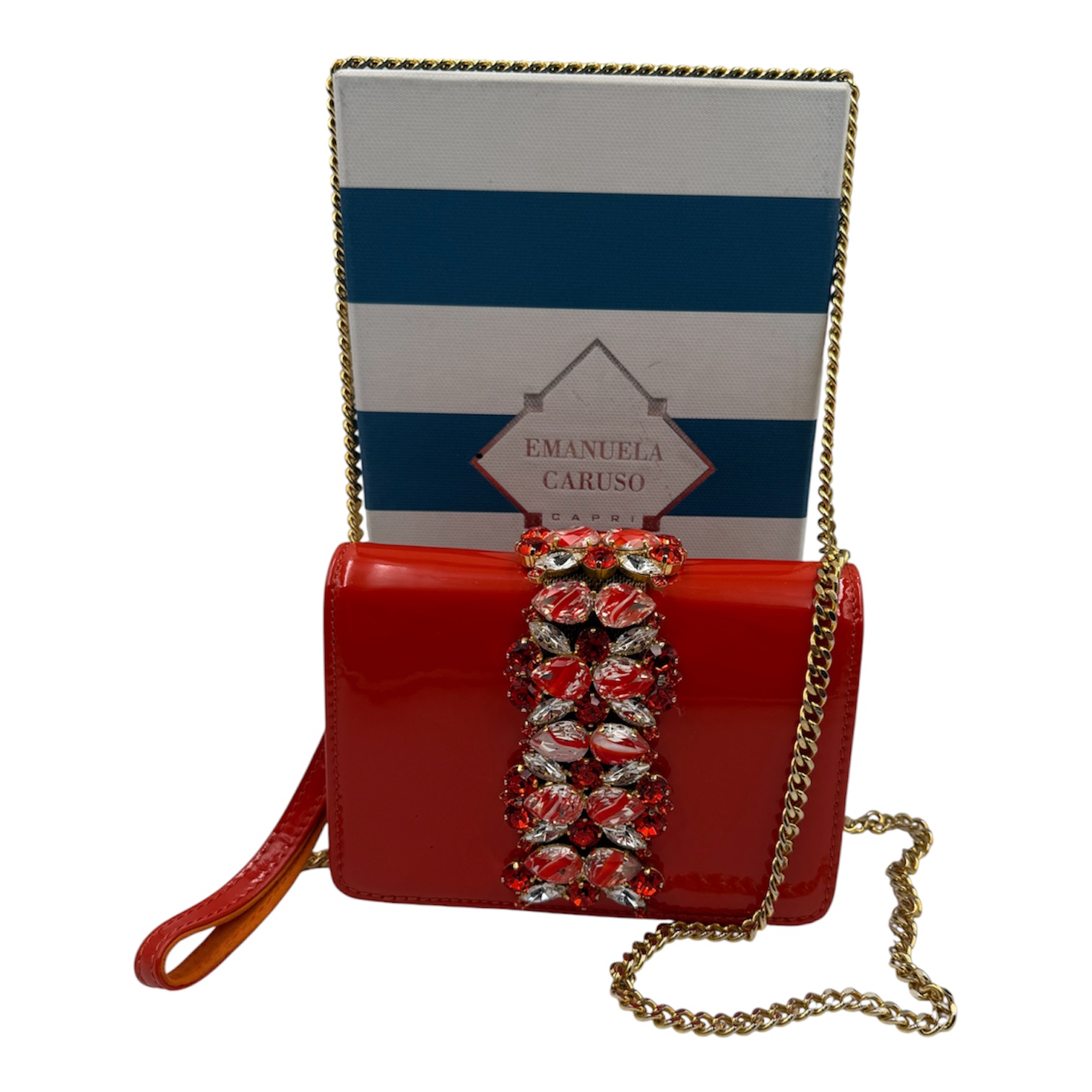 EMANUELA CARUSO CAPRI SAC POCHETTE POSITANO CUIR VERNI STRASS + DB + BOITE