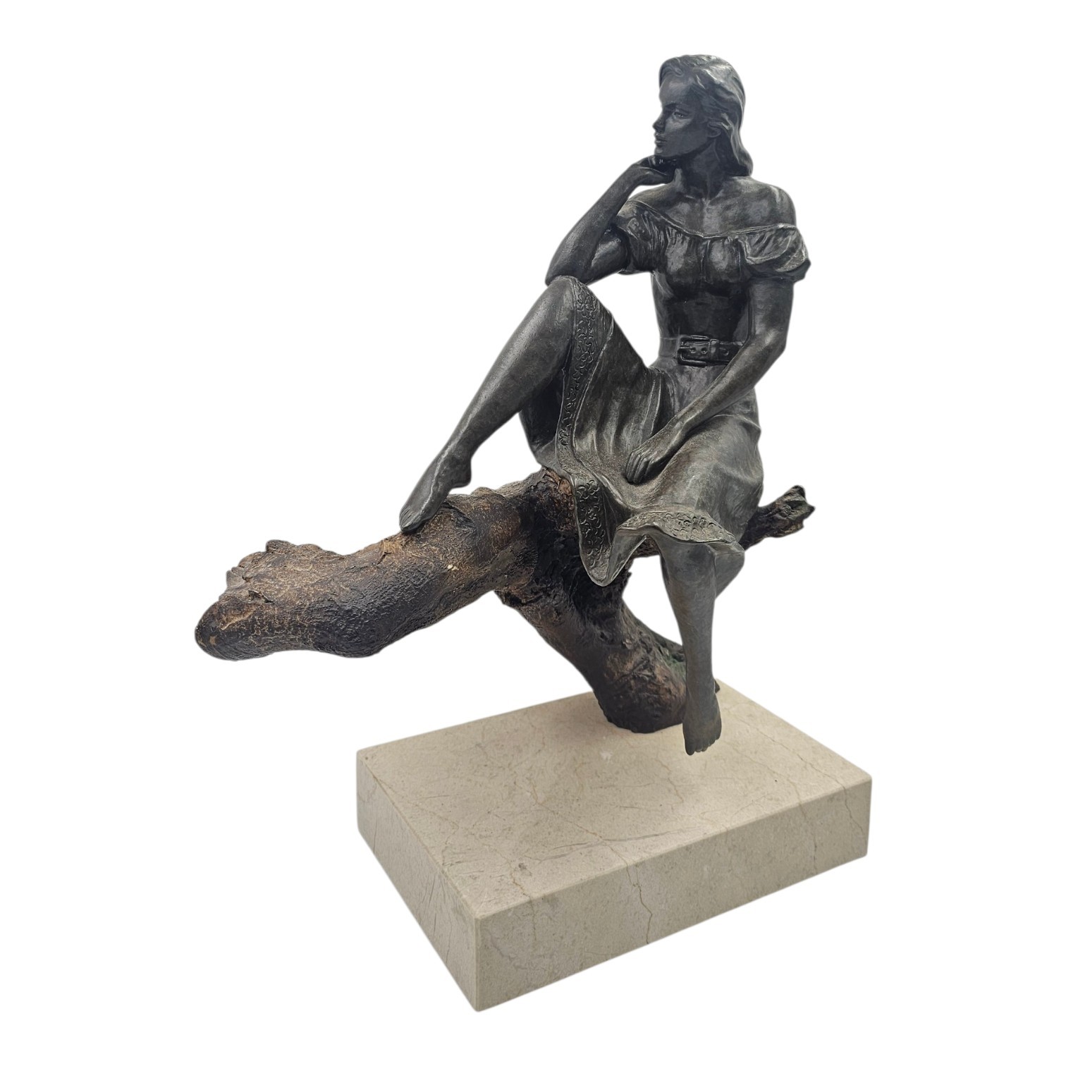 ANDRES PERALTA LA DAME SUR LA BRANCHE 872 / 2000 BRONZE & MARBRE 44 X 34 X 16 CM