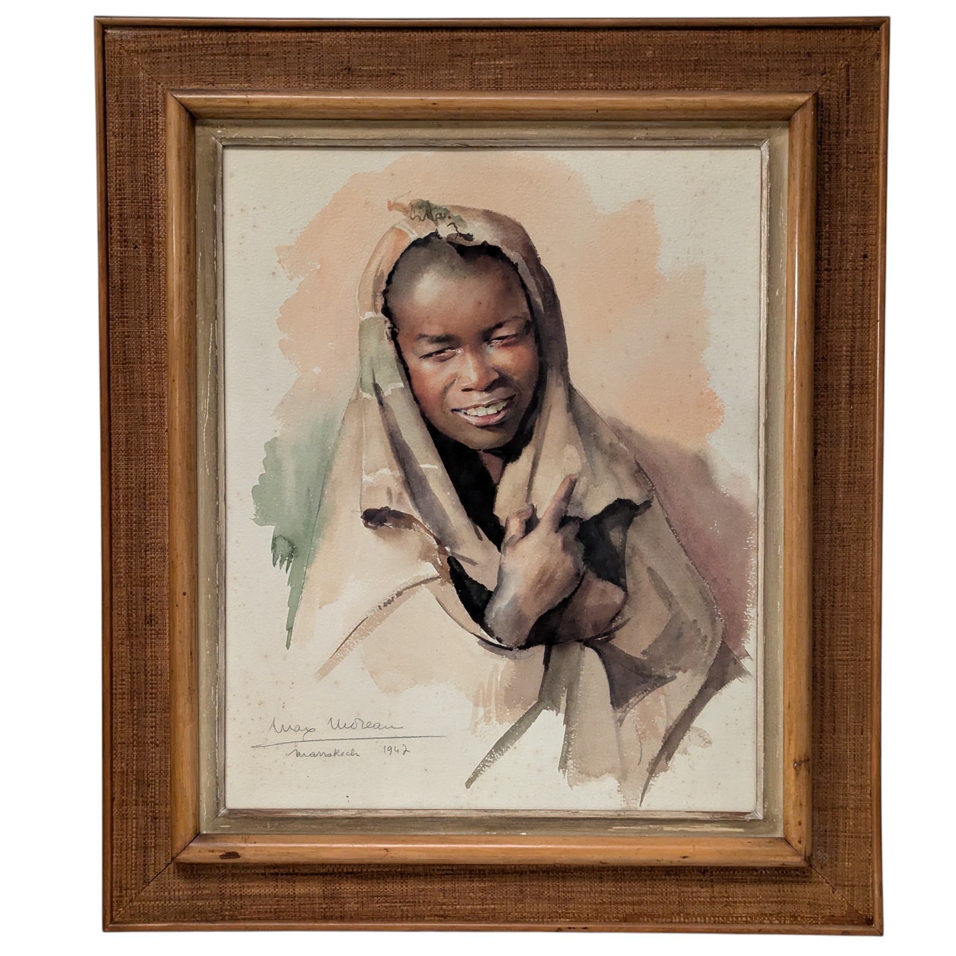 MAX MOREAU AQUARELLE D UN JEUNE MAROCAIN 62 x 50 HC