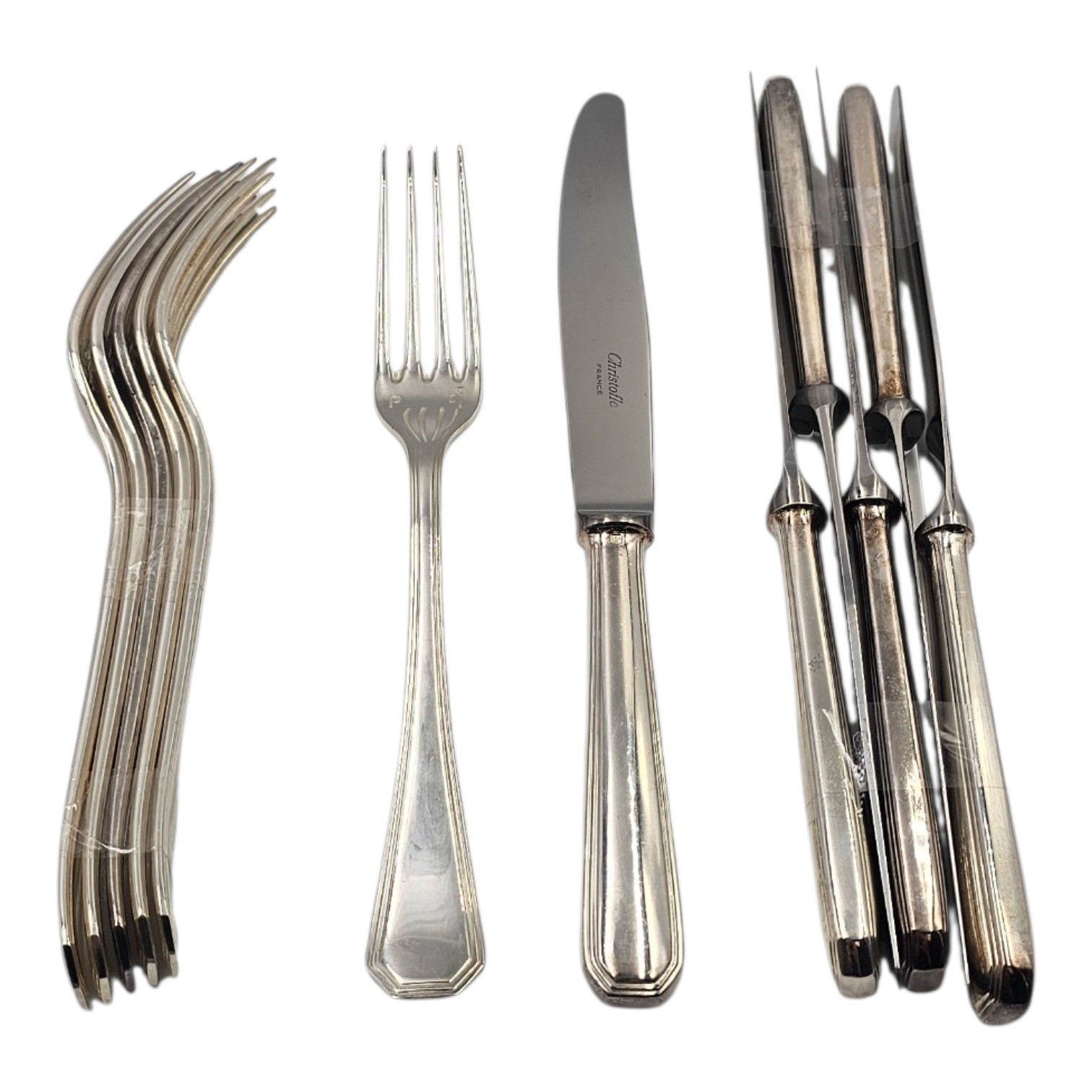 CHRISTOFLE AMERICA 6 COUTEAUX + 6 FOURCHETTES DE TABLE EN METAL ARGENTE