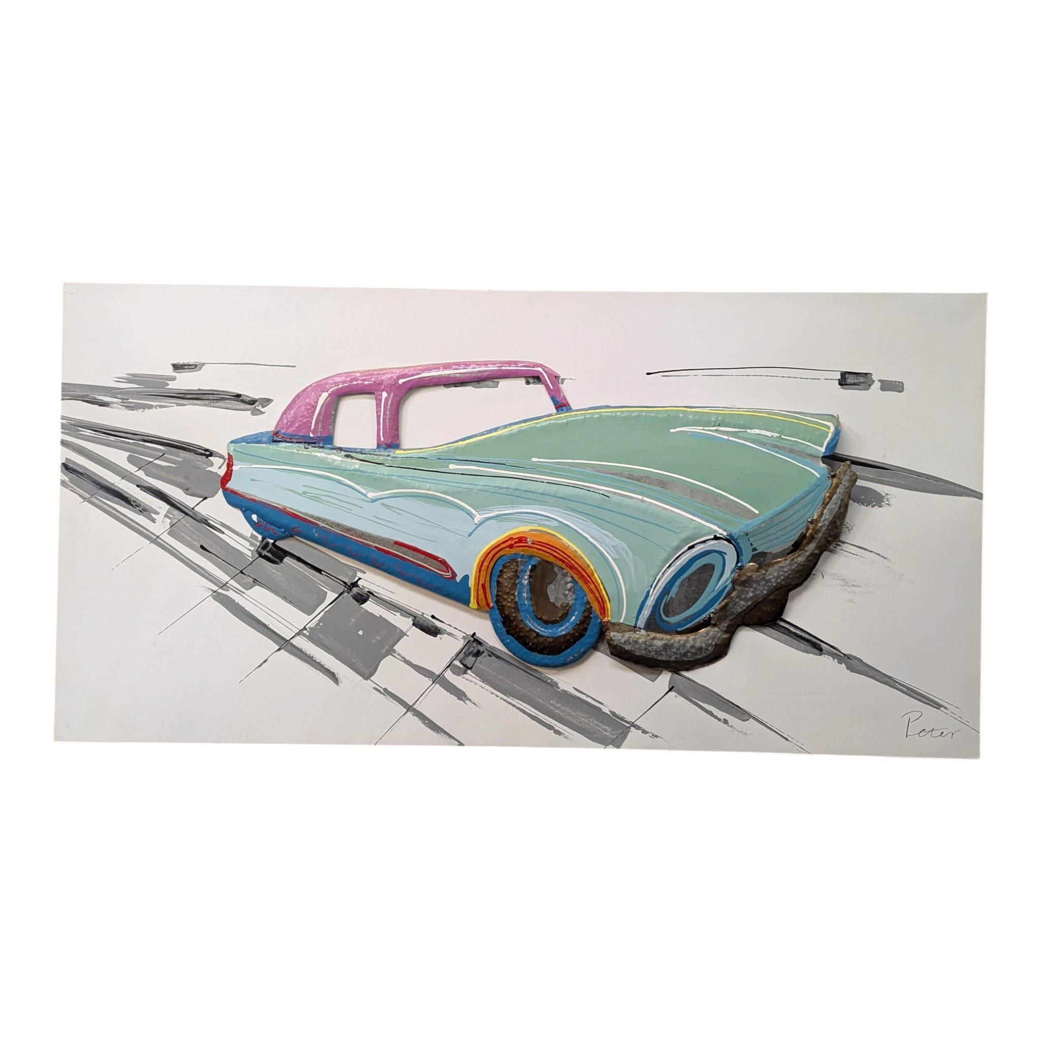 GRAND TABLEAU EN RELIEF REPRESENTANT UNE VOITURE VINTAGE 141 x 71 CM